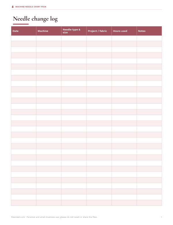 Preview of Printable Needle Change Log